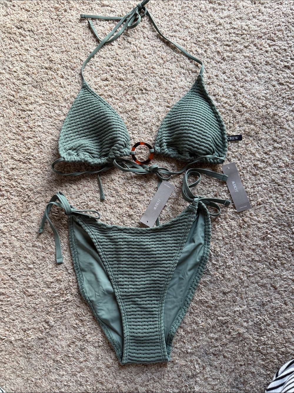 NWT J Crew Green Textured Bikini Top & Bottom w Tortoise Shell Ring Medium/Small
